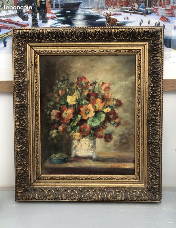 Tableau bouquet de fleurs nature morte peinture à l'huile signé "Lelesieur" (image 1)
