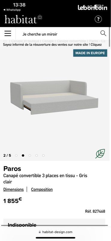 Canapé Habitat modèle Paros convertible couleur gris (image 2)
