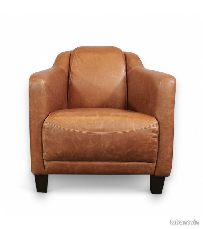 Fauteuil club cuir pleine fleur marron camel vintage – Adam (image 5)