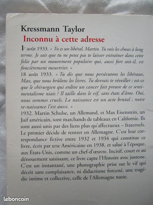 LIVRE "INCONNU A CETTE ADRESSE" de Kressmann TAYLOR (Poche) (image 3)