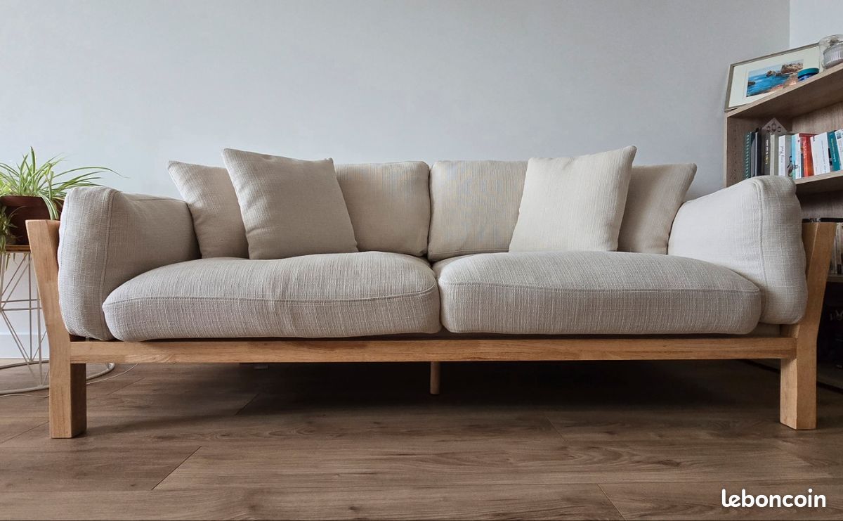 Canapé scandinave déhoussable 3 places en tissu blanc crème et bois clair KYO (image 3)