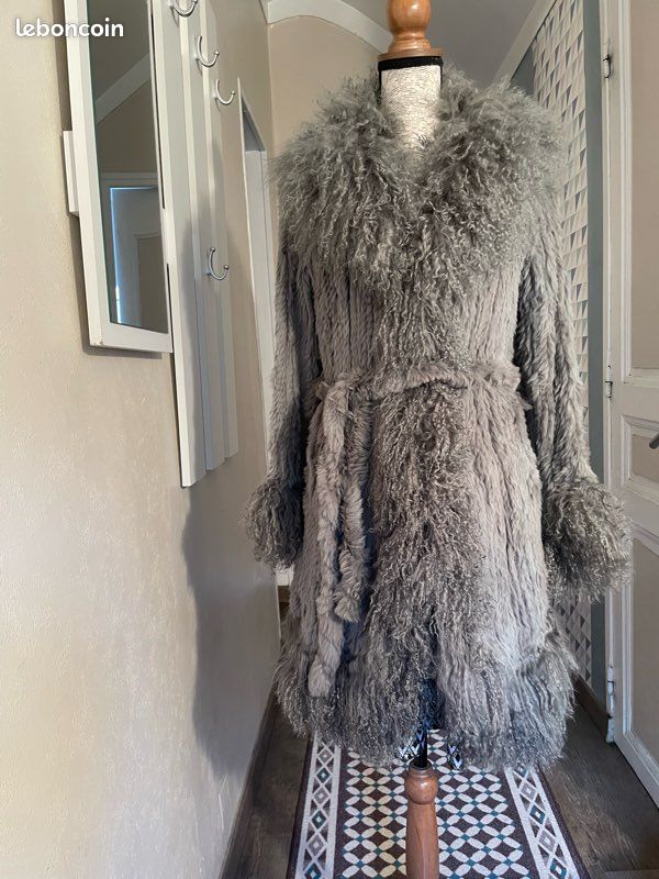 Joli manteau chaud mi long en vrai fourrure de lapin tricoté et