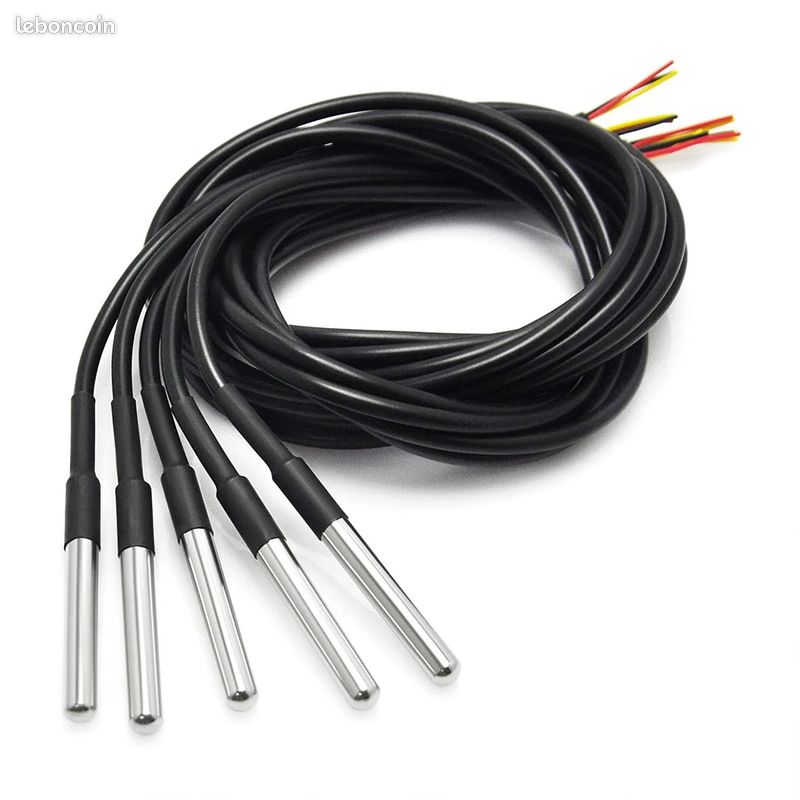 Lot de 5 sondes de température à thermistance numérique DS18B20 de 5 m, étanches, en acier inoxydable, avec câble thermique résistant (-55 °C à +125 °C), compatibles Arduino et Raspberry Pi.(-BRI79-5) (image 1)