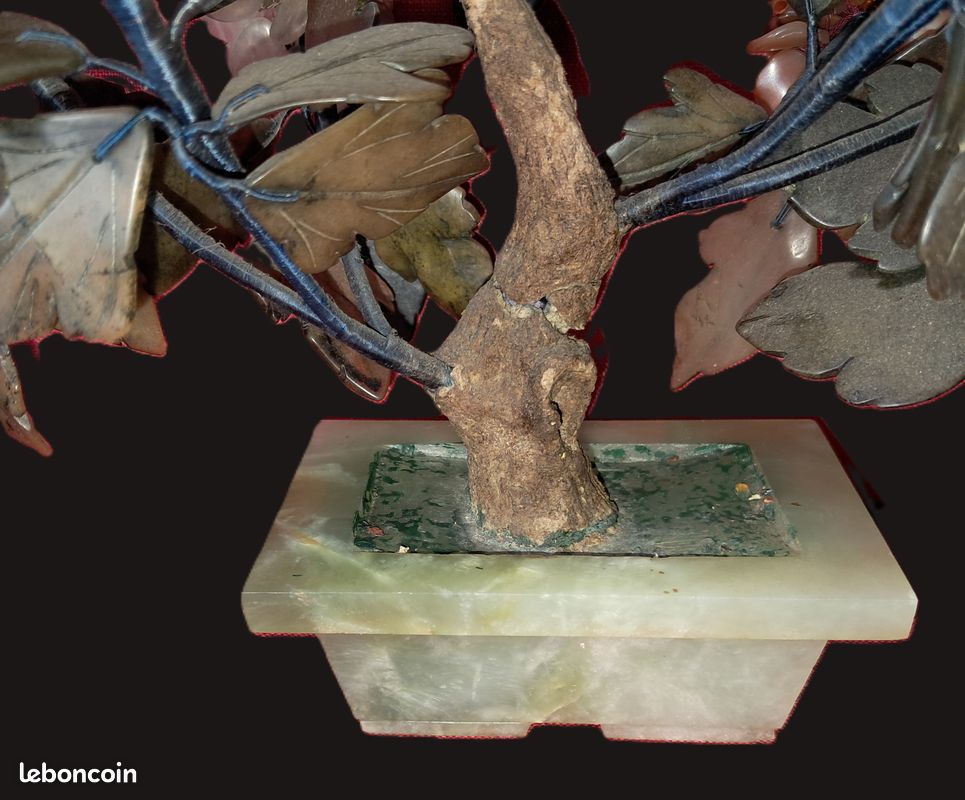 Exceptionnel ancien grand arbre en fleurs 29 cm en pierre dures cache pot en jade artisanat chinois en parfait état (image 10)