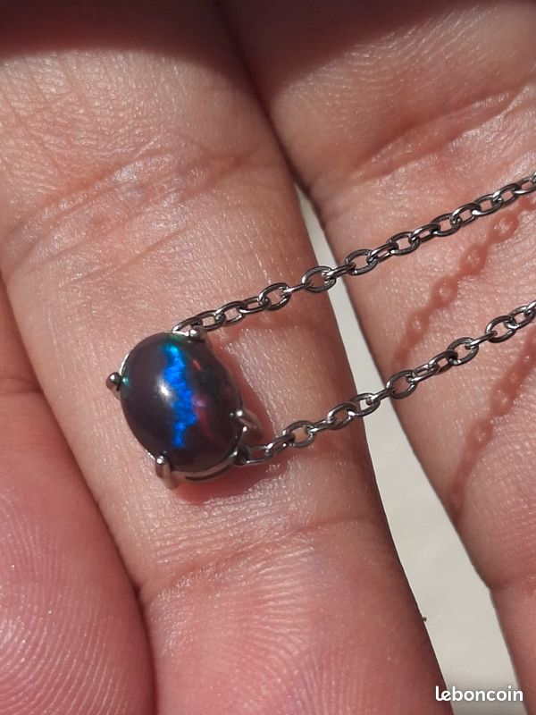 Collier acier inoxydable avec opale coulissante noire/verte de 8x5mm éthiopienne (image 5)