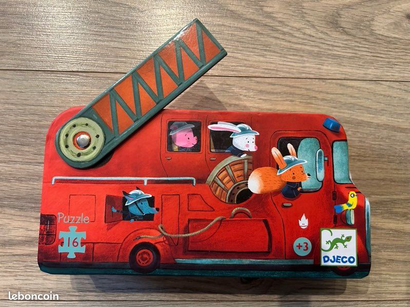 Puzzle Camion De Pompier DJECO - 16 Pièces Carton Dès 3 Ans, Boîte Décorative Avec échelle Mobile - Jouet éducatif