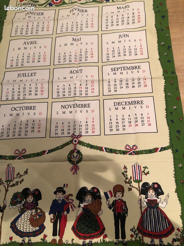 Torchon Calendrier 2014 – Motif Floral Vert Et Blanc – 100% Coton – 50x69cm – Neuf Jamais Lavé