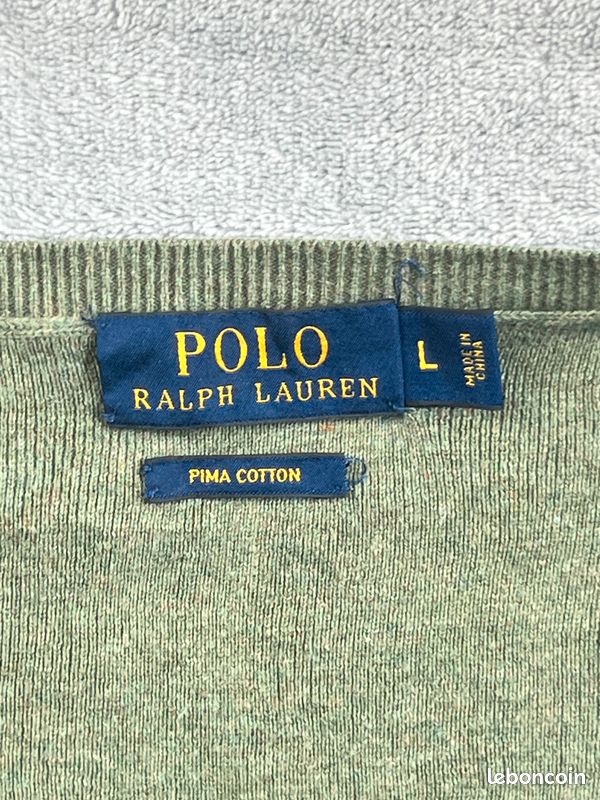 #RLS010. Pull Polo Ralph Lauren homme – vert sauge – col V – coton Pima – logo bordeaux – taille L (image 4)
