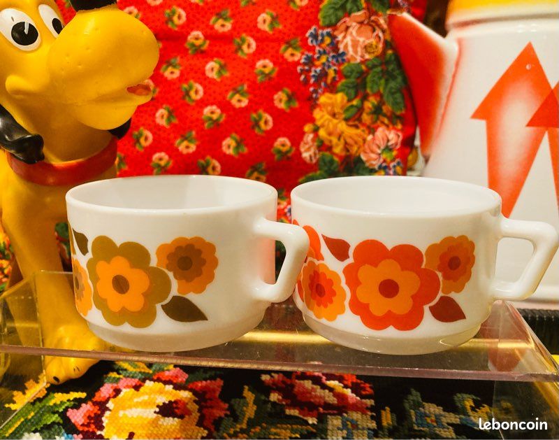 Lot De 4 Tasses à Café Arcopal Vintage - Modèle Fleurs D'Automne, Verre, Diamètre 8.5 Cm