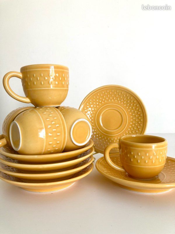 Lot De 6 Tasses à Café Geneviève Lethu 'Grain De Riz' Jaune - Année 1984, Occasion Avec Craquelures