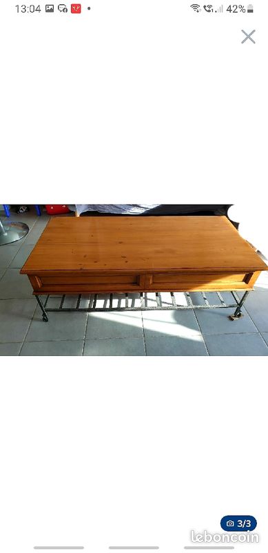 Table basse bois anglais 2 tiroirs et fer forgé rectangulaire (image 2)