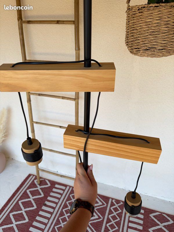 Lampadaire design 2 lumières bois et métal noir (image 6)