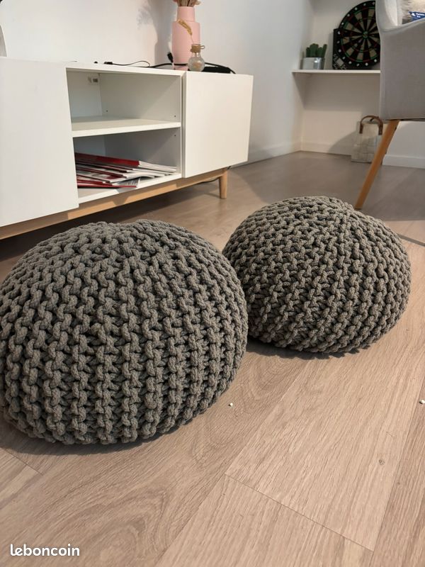 Lot 2 petits poufs gris rond maille La redoute (image 1)