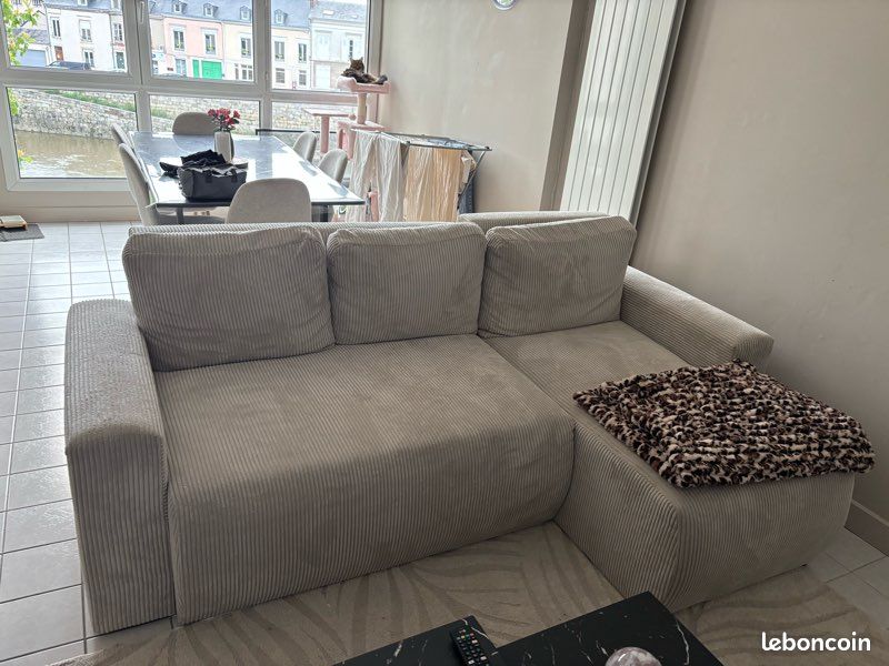 Canapé d'angle réversible convertible MILO 3 places Velours côtelé Beige avec coffre de rangement (image 1)