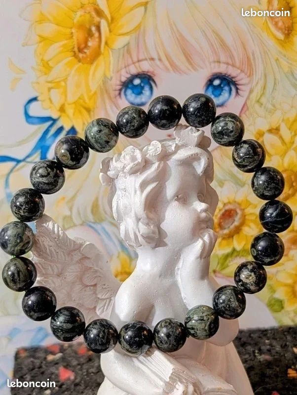 Bracelet Perles Jaspe Kambaba Naturel Et Bois - Fait Sur Mesure, Sans Fermoir - Neuf Sans Emballage