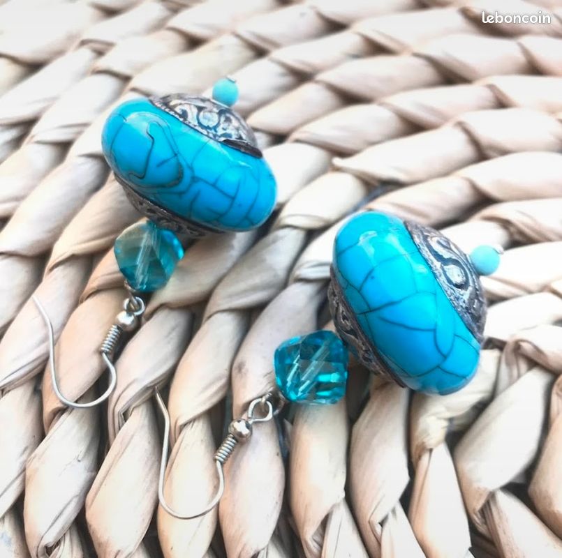 🇫🇷 Création artisanale unique Boucles d'Oreilles Turquoise Bohème Chic Perles Fantaisie Ethnique (image 1)