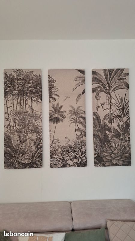 Toiles imprimées triptyques jungle noire et beige, 135x120 cm (image 1)