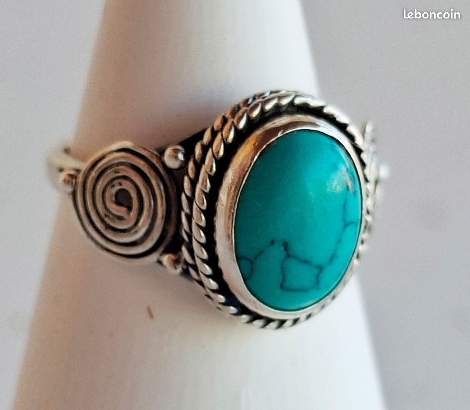 Bague vintage argent massif 925 avec pierre turquoise Motif spirale Shabby Chic Bohème (image 2)