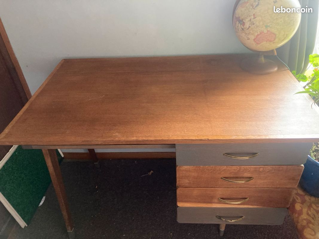 Bureau Vintage en chene pieds compas (image 1)
