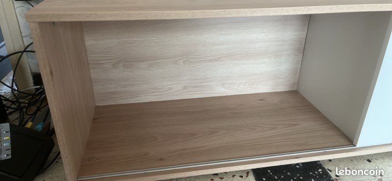 Meuble TV bois et blanc porte coulissante (image 3)