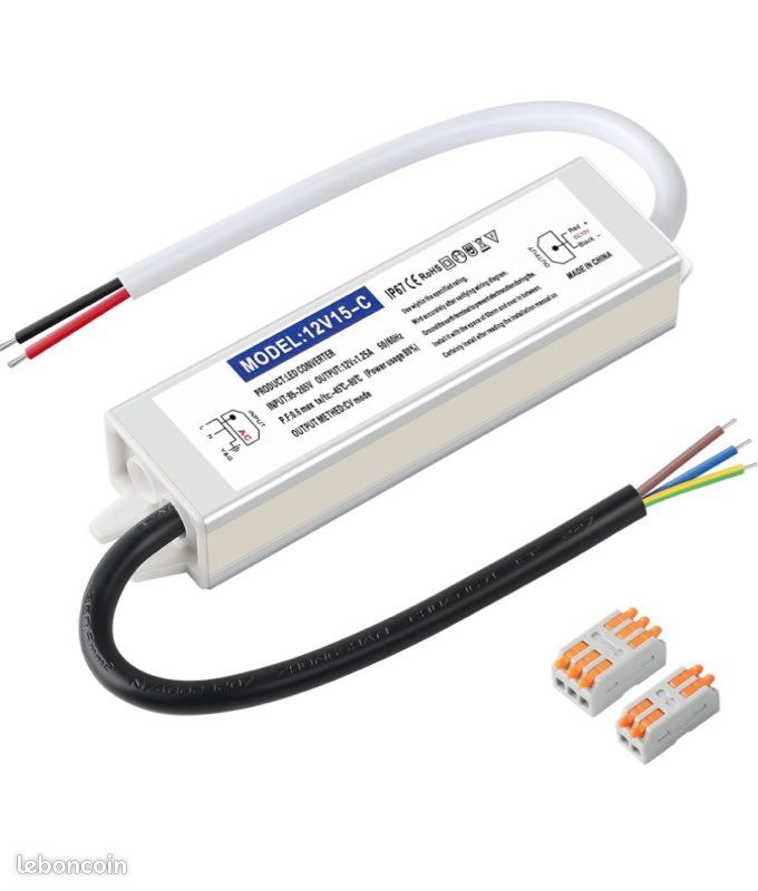 Alimentation LED étanche IP67 220V-12V 15W 1.25A - Transformateur DC Pour Bande LED
