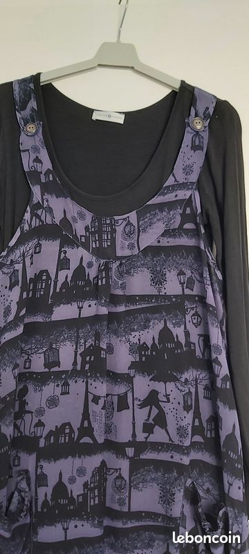 Robe Femme Enjoy Taille 40 - Gris - Bretelles - Midi Évasé - Occasion Parfait État