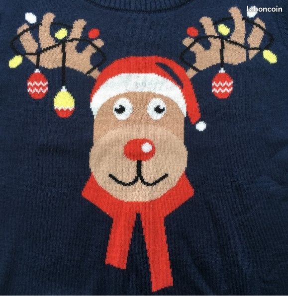 Pull Noël mixte maille bleu marine avec renne bonnet et