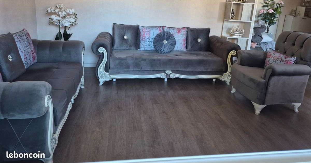 Salon 3 pièces en velours gris – Convertible & rangements (image 1)
