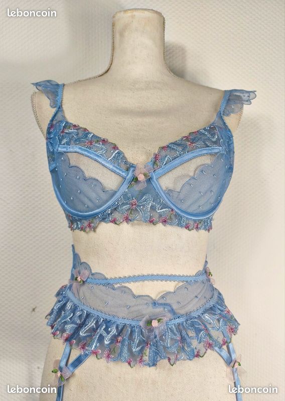 Ensemble Lingerie Grande Taille Bleu Fleuri - Soutien-gorge Balconnet 120E Et Culotte - Neuf Avec étiquettes