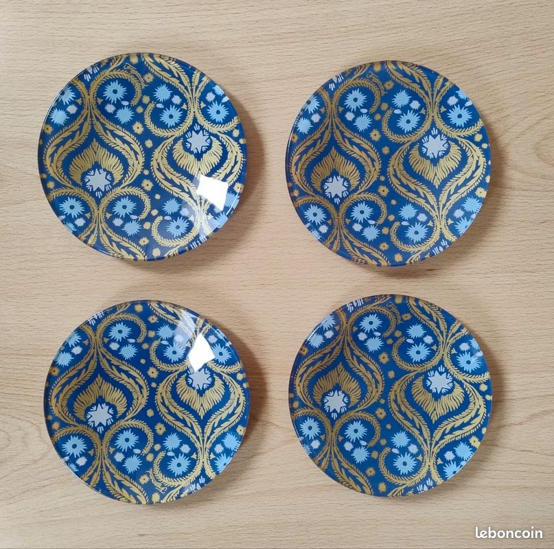 Lot De 4 Assiettes à Dessert Fragonard, Bleu Et Doré, En Verre, Neuves Sous Emballage