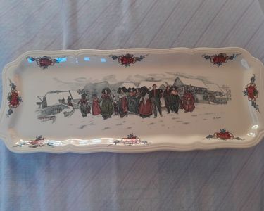 Plat à Cake/bûche Céramique Beige Motif Fleur Avec Couteau - Vintage 1920-1949