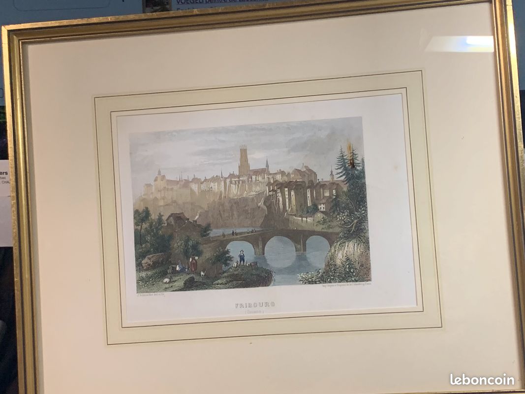Gravure encadrée, ville de Fribourg en Suisse par J.SCHROEDER, GILQUIN et DUPAIN (image 2)