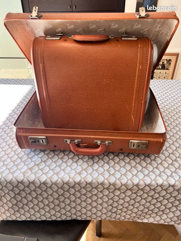 Valise Vintage Années 50/60 Avec Vanity Intégré - Faux Cuir Noir - Occasion