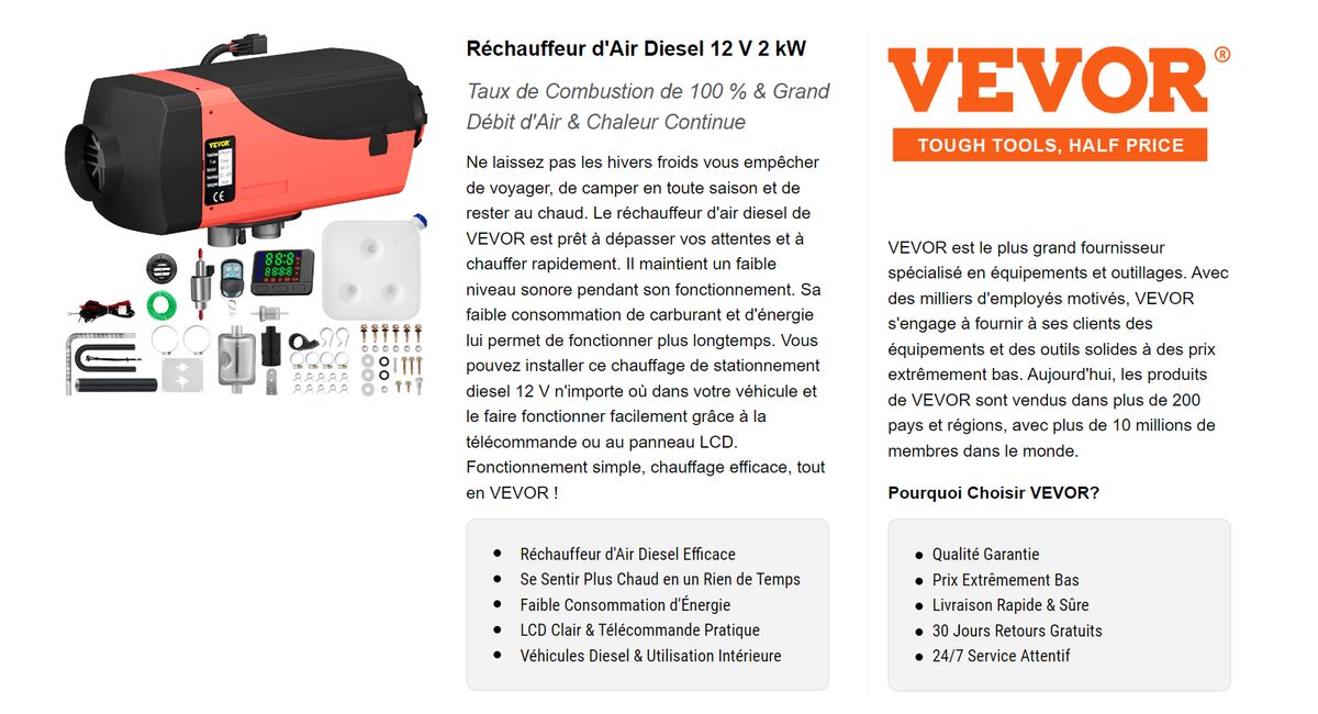 VEVOR Chauffage Diesel 12V 2KW Réchauffeur d'air diesel kit de