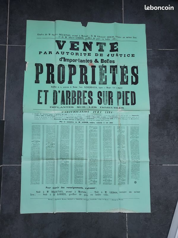 Affiche judiciaire de vente de propriétés et arbres sur pied – Mortain Avranches (Manche) – 1907 (image 1)