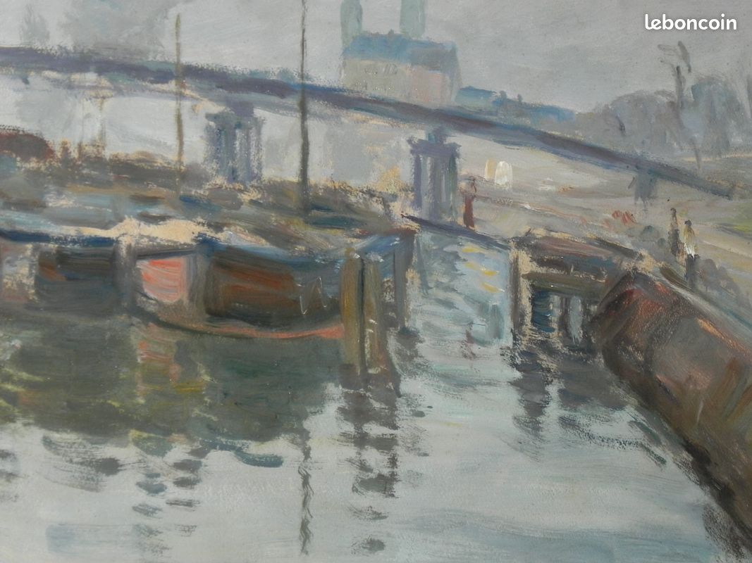 Huile sur toile XXe péniche sur les bords de l'Erdre Nantes