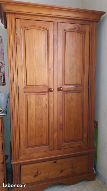 Amoire Authentic style en pin massif ciré 2 portes 1 tiroir lingere penderie (image 1)