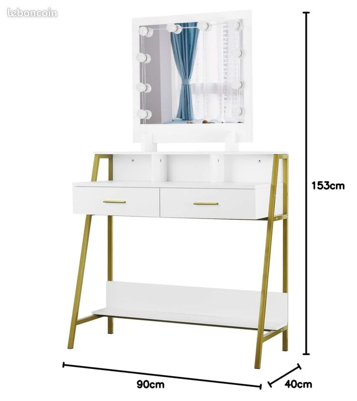 Coiffeuse Moderne Acier Doré + Miroir Lumiere Rangement Etageres + Tiroirs Chambre (image 3)