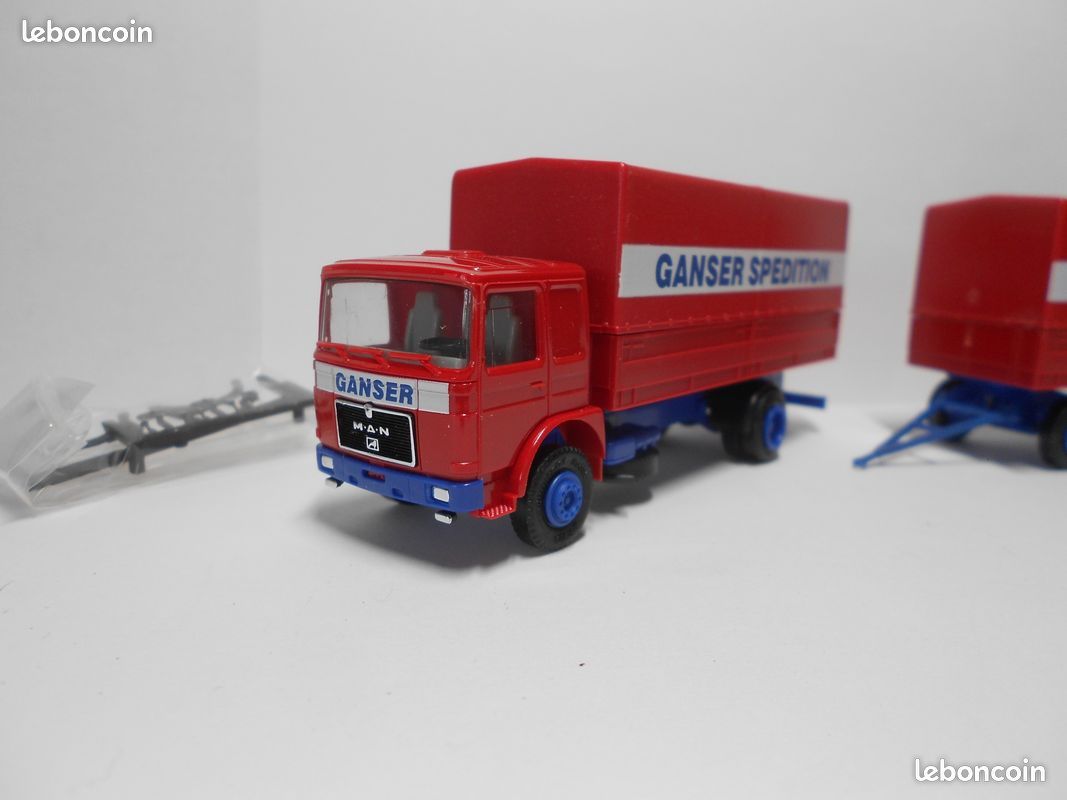 Ho 1/87 herpa man f8 porteur cabine saviem remorque ganser neuf boite + accessoires (image 3)