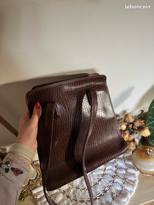 Sac à Main Vintage En Cuir Imitation Crocodile Marron - 28x26cm, Jamais Utilisé