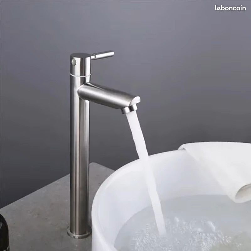 Robinet De Salle De Bain Eau Froide Nickel Brossé - Acier Inox SUS304, Montage Sur Plan, Neuf