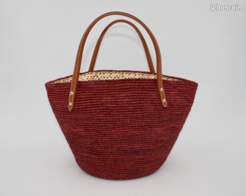 Sac bordeaux en raphia SOL'EOLE neuf doublure en tissu, fermeture cordons de serrage (image 2)