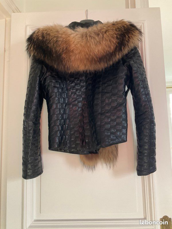 Veste En Cuir Avec Col En Fourrure - Taille 38-40, Noir Et Beige, Occasion Très Bon état