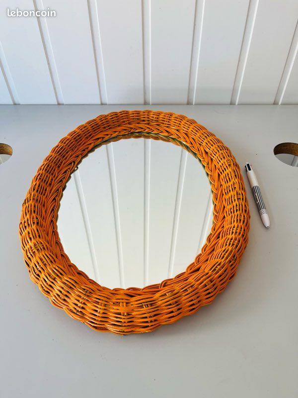 Miroir Ovale en Osier Tressé Orange Vintage Années 70 (image 7)