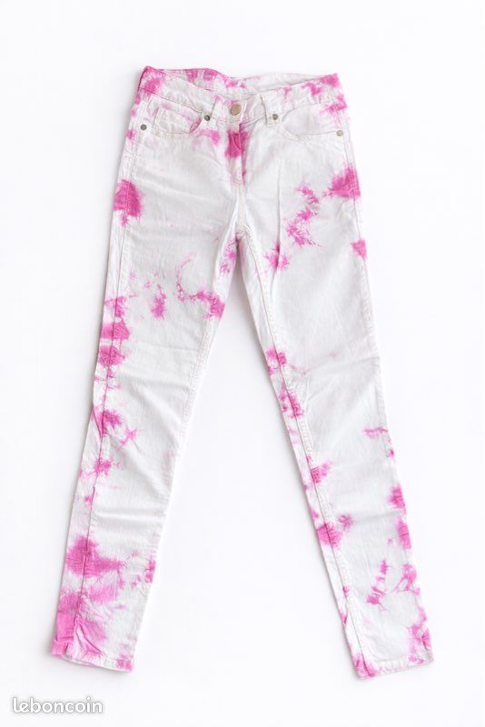 Jean Taille Haute Tie And Dye - Taille XS - Blanc Délavé - Fermeture éclair - Occasion Très Bon état