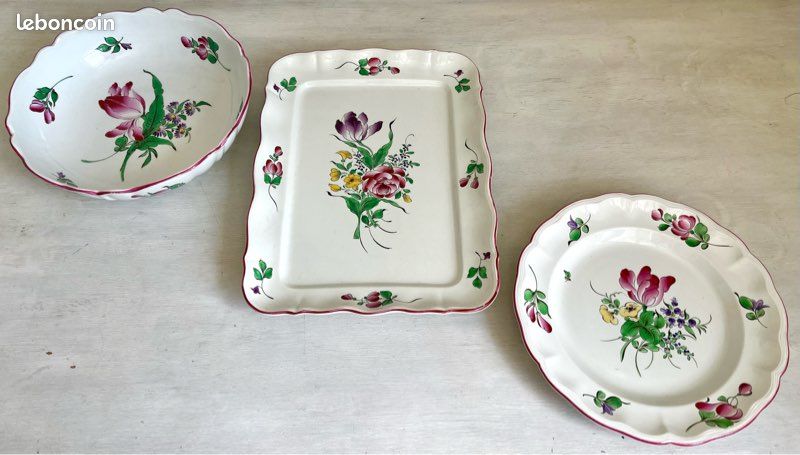 Saladier en faïence ancien/grand plat de service/corbeille à fruits, estampillé KG en porcelaine de LUNEVILLE France, au joli décor floral, modèle Réverbère, vintage et tendance (image 8)