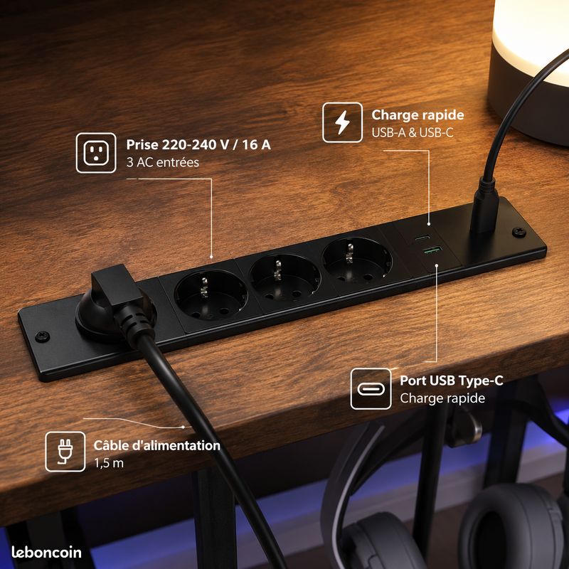 Bureau avec hub électrique intégré golottes câbles USB Type-C rangement (image 4)