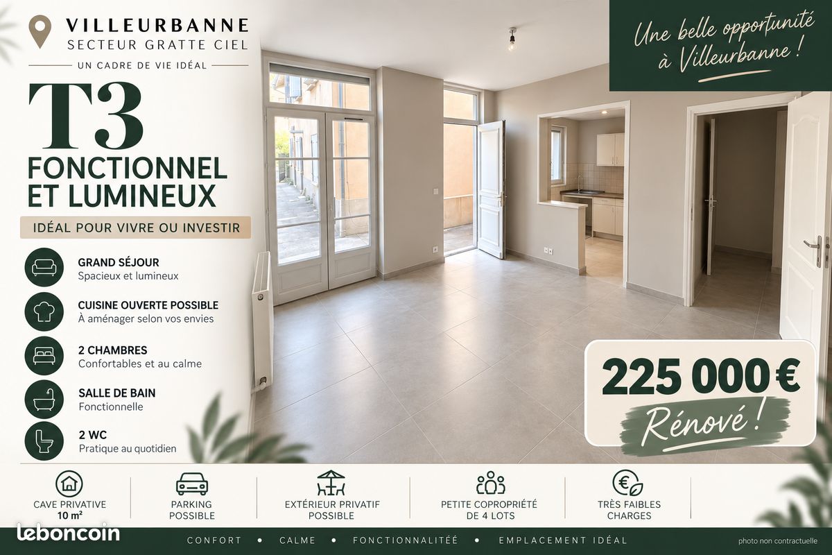 Appartement 3 pièces 53 m² · à Villeurbanne · 52,5 m² · 225 000 €