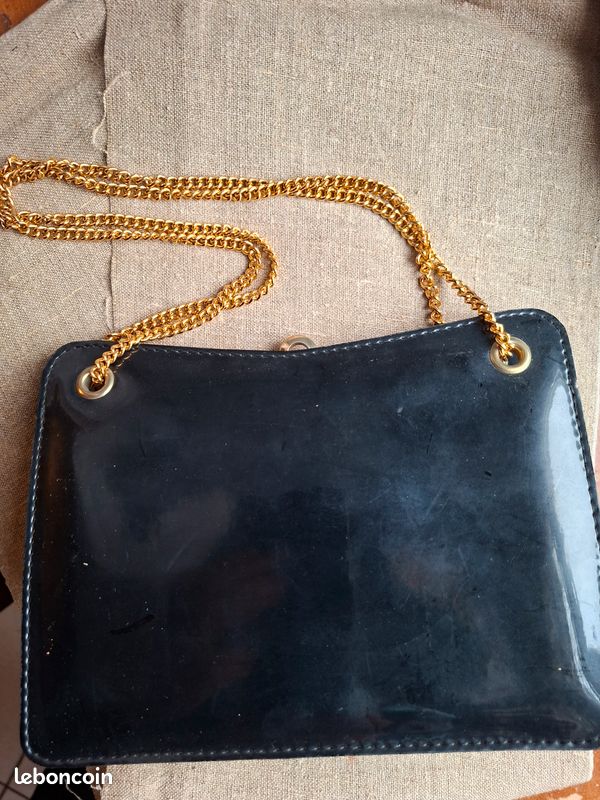 Sac/pochette, noir brillant et chaine couleur or - vintage (image 1)