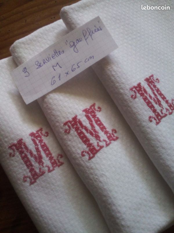Lot de 3 serviettes anciennes en coton nid d'abeille brodées d'un monogramme F - La Brocante Bucolique